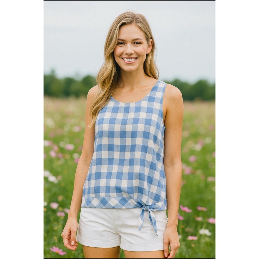 J Crew Gingham Tank Top Womens 0 Blue White Sleeveless Summer Cottagecore